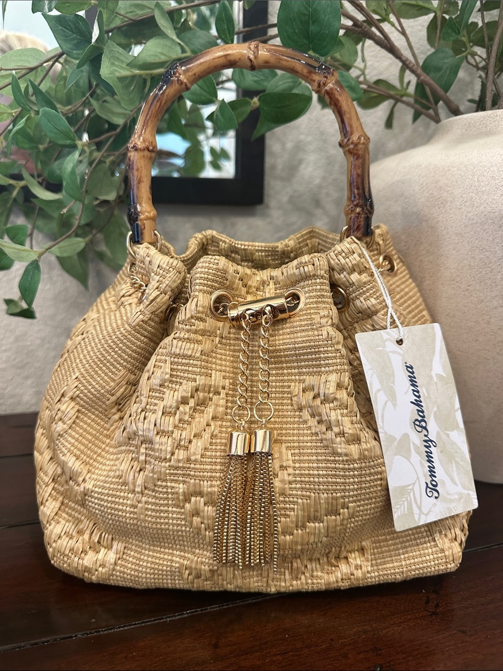 Tommy Bahama Natural Straw Hobo with Bamboo Handle and Gold Tassel